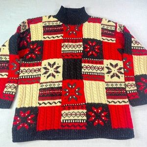 Jones New York Sport Sweater Womens M Gray Red Patchwork Fair Isle Hand Knit